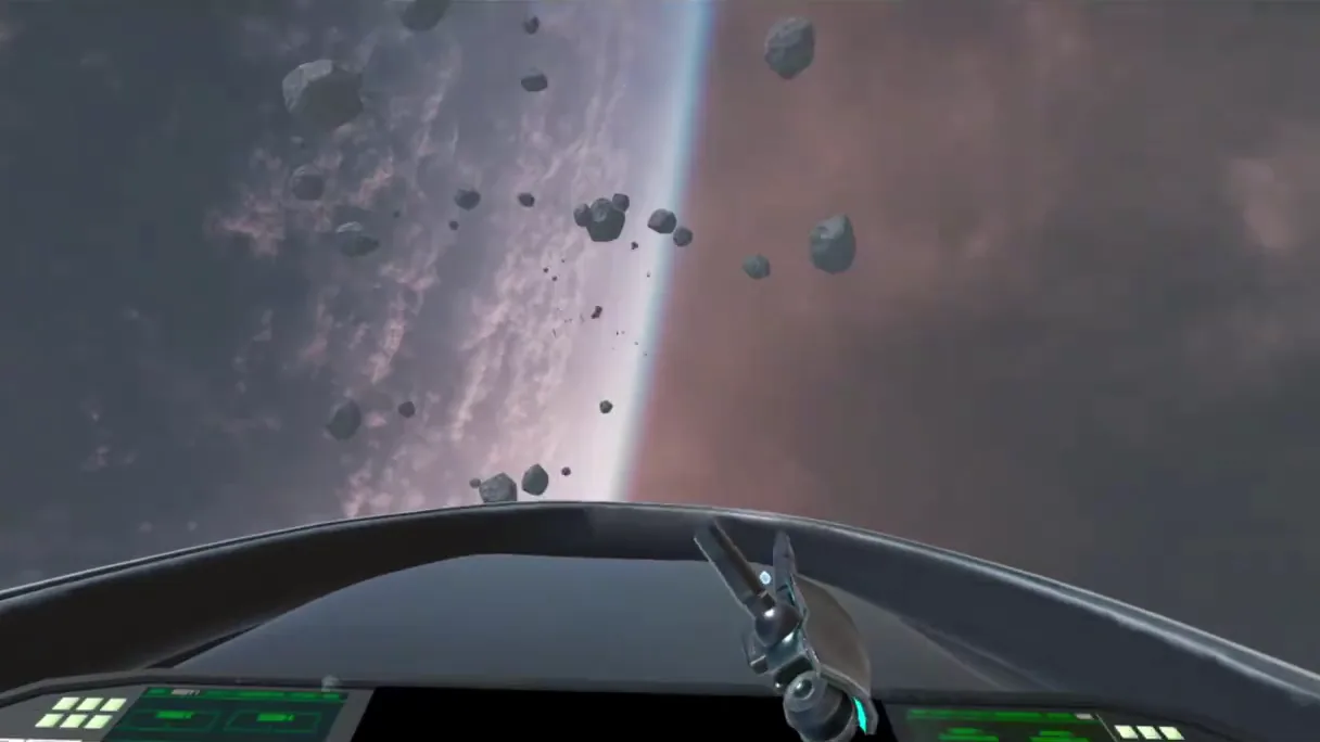 Asteroids drifting past a planet, seen from the cockpit