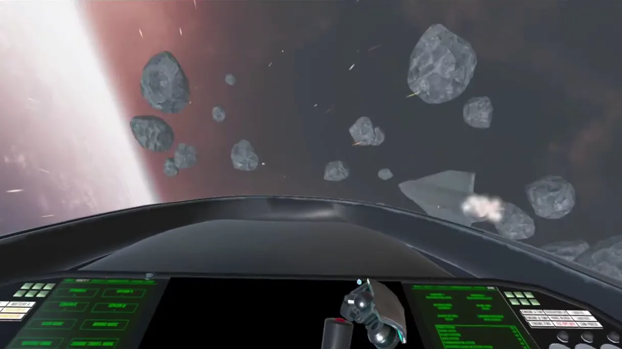 An enemy ship hit by fire among the asteroids