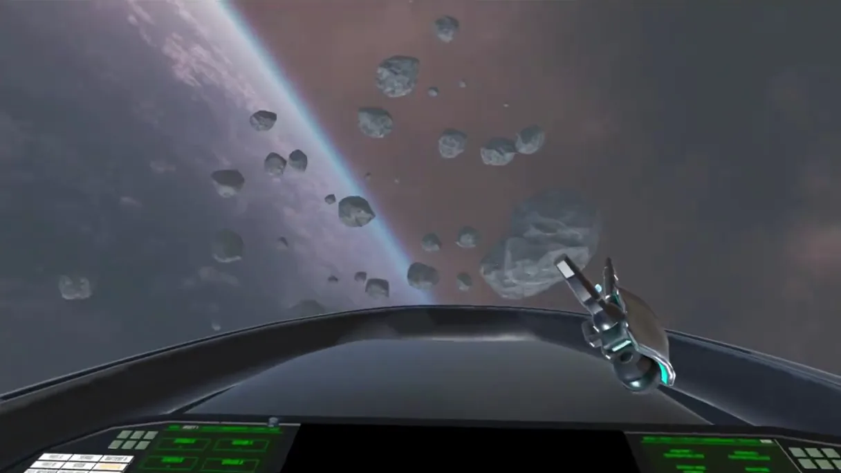 The player's VR hand on the controls as asteroids fly past
