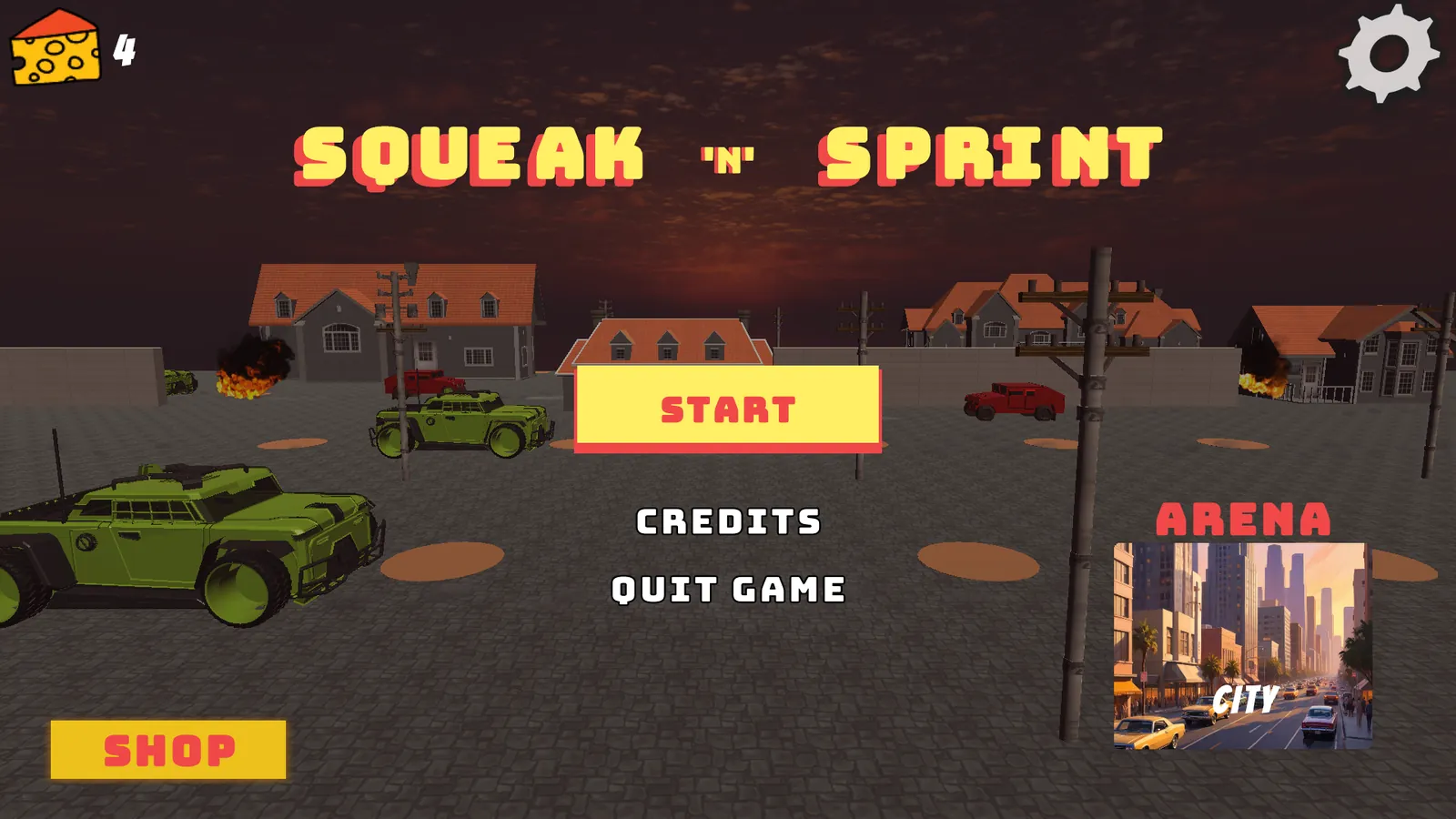 The Squeak ’n’ Sprint title over a city street at sunset