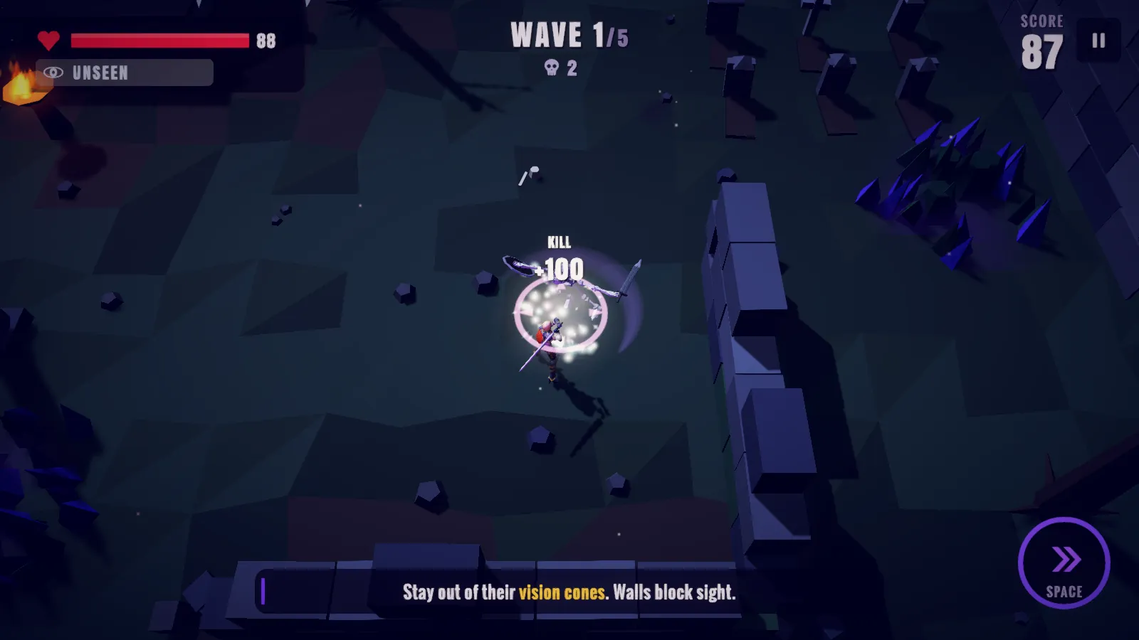 A skeleton shatters with a 100 point kill