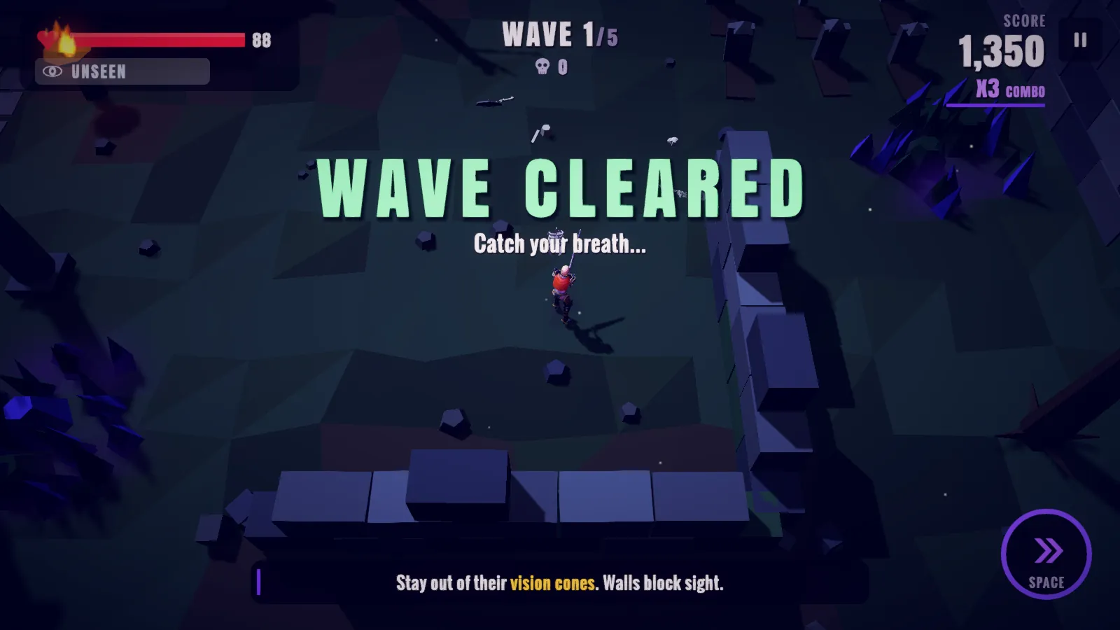 Wave cleared, with a 1,350 score and a times three combo