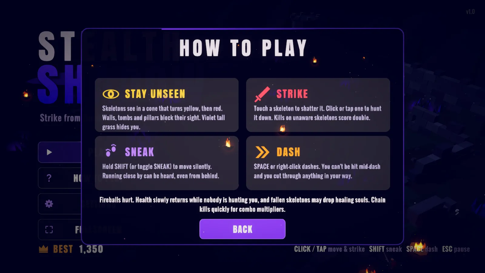 The how to play screen: stay unseen, strike, sneak and dash