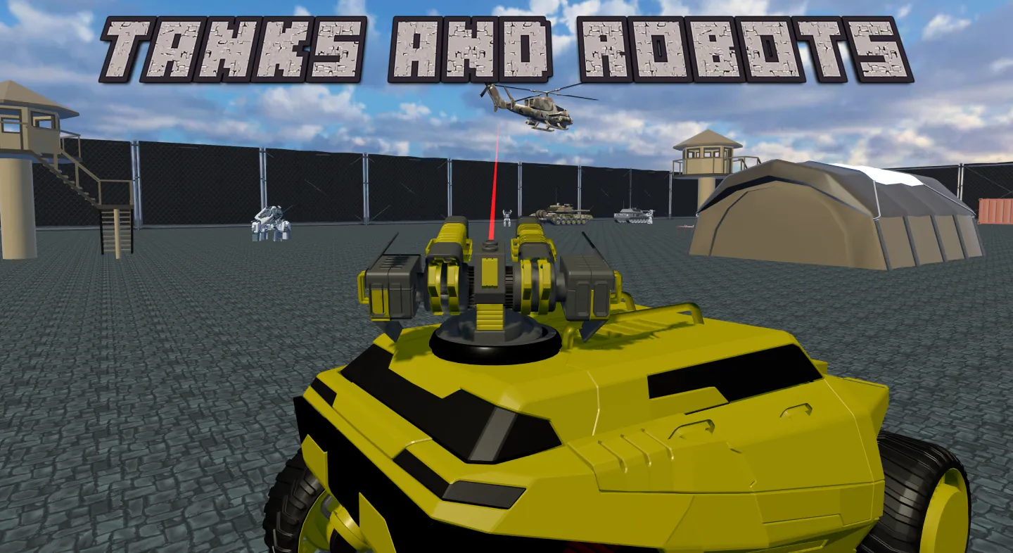A yellow tank aims its turret at a helicopter over a fenced base