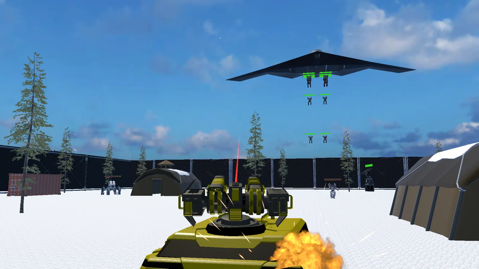 A stealth bomber drops robots onto a snowy base