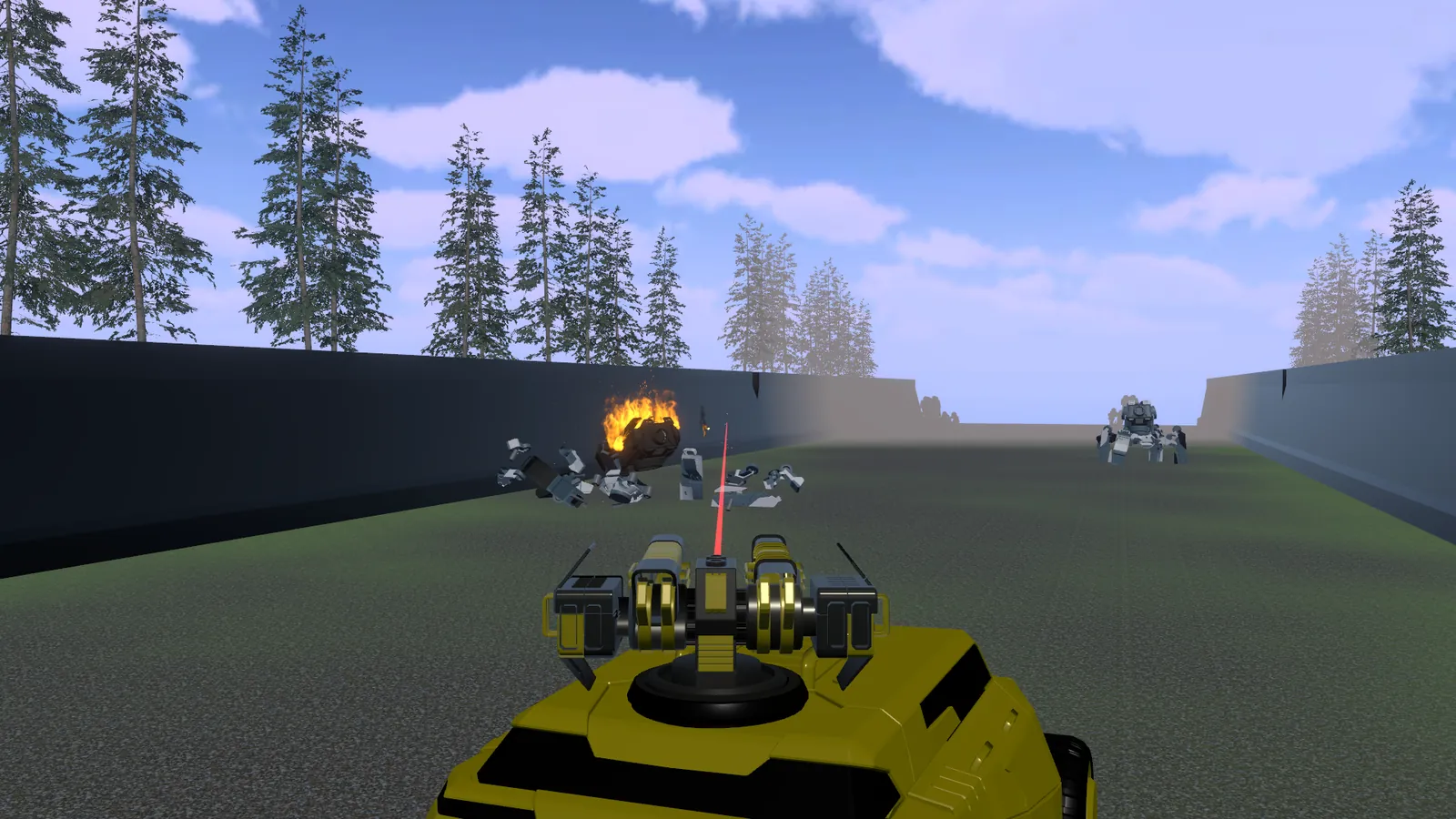 A robot explodes on a grassy battlefield