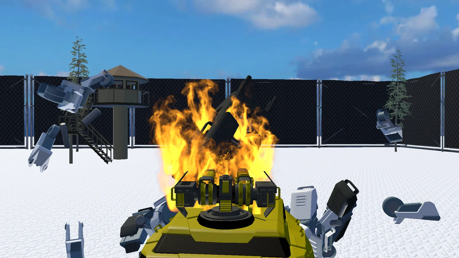 Destroyed robots burn around the tank in the snow
