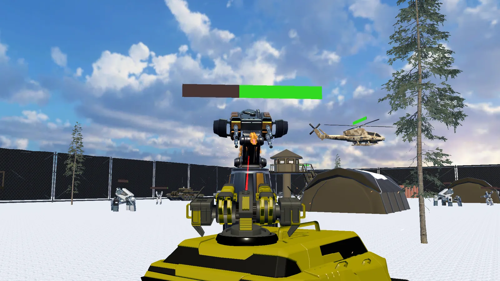 The tank faces a helicopter and a robot, its health bar above
